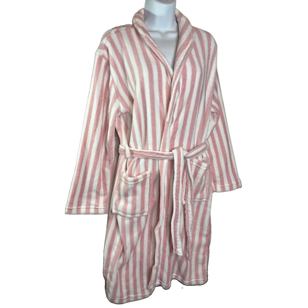 Miller Women’s Plush Robe OSFM Pink White Stripe Belted Bathrobe